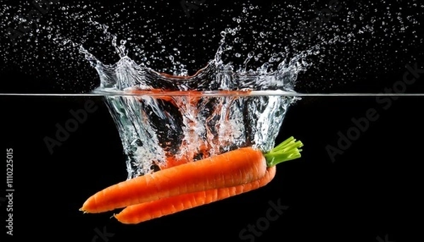 Obraz Fresh, vibrant carrots splash into water, creating dynamic ripples against a dark background, showcasing their natural color and freshness.