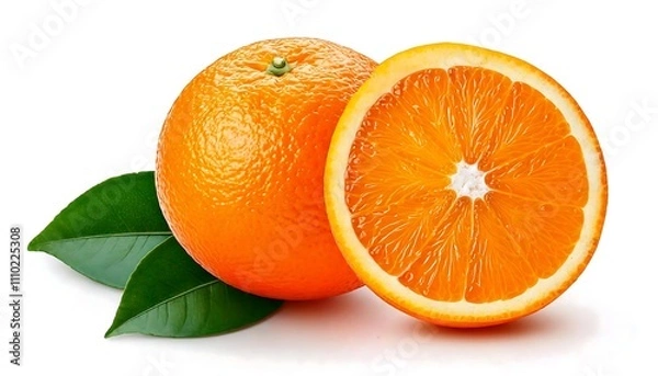 Obraz A vibrant orange with a fresh green leaf, sliced open to reveal juicy segments inside.
