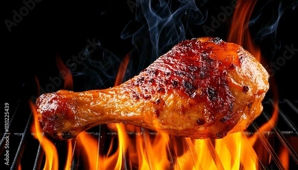 Obraz A juicy grilled chicken drumstick sizzling over flames, emitting smoke and showcasing a deliciously charred exterior.