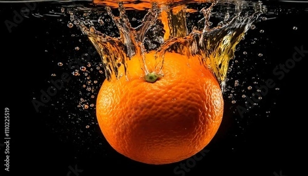 Obraz An orange splashes into water, creating dynamic ripples and droplets against a dark background, showcasing vibrant colors and motion.