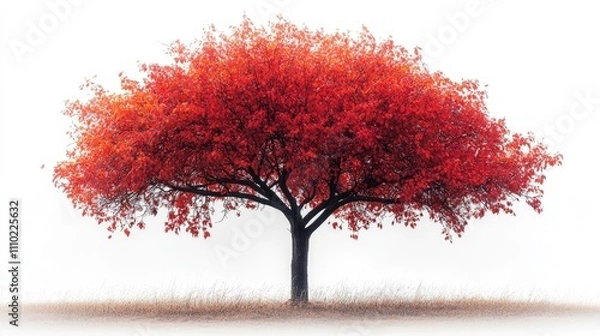 Fototapeta Vibrant autumn tree with bright red foliage isolated on a white background showcasing seasonal beauty and tranquility in nature.