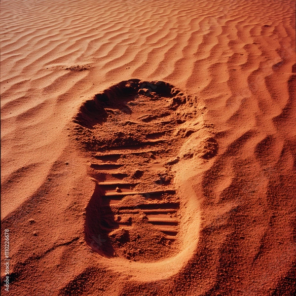 Fototapeta Astronaut footprint on the red sand of Mars