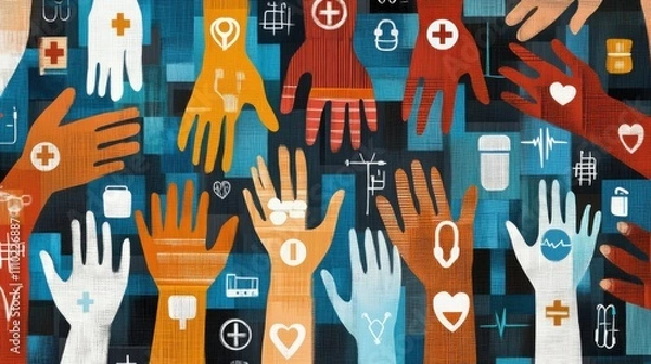 Fototapeta An abstract image of equity in healthcare with a mosaic of different hands holding medical symbols, symbolizing access to health services for all, minimalist composition