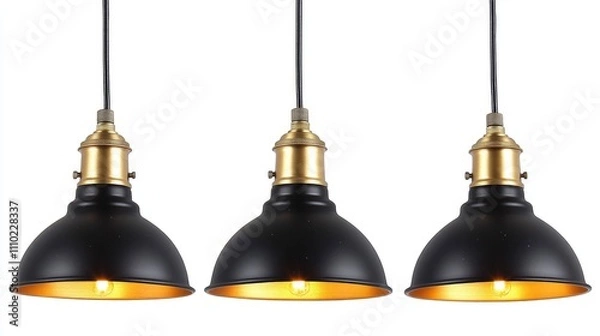 Fototapeta Three Light Cluster Industrial Pendant Ceiling Lamp with Black Shades and Golden Interiors Hanging from Ceiling