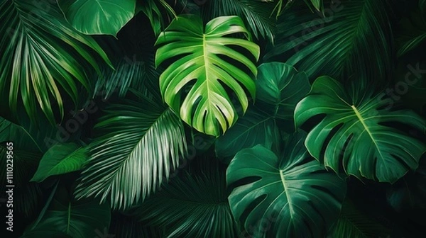 Fototapeta Close up of lush green tropical leaf textures creating a rich abstract nature background for design and decor purposes.
