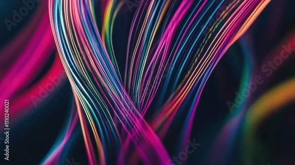Fototapeta An abstract visualization of multicolored lines weaving together to form a cohesive, intricate pattern on a dark surface, Symbolizing the complex but unified interaction of diverse ideas