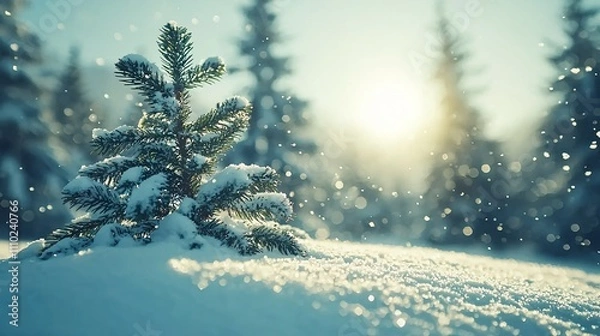 Fototapeta Snowy landscape with fir tree under soft sunlight during winter afternoon