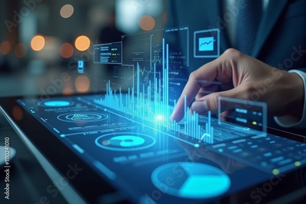 Obraz A person's hand using a tablet with a vibrant display of data visualizations
