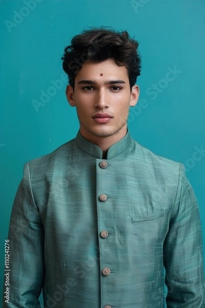 Fototapeta A male model in a contemporary nehru jacket with a minimalist design and high collar, against a solid teal background, representing a modern take on traditional attire.