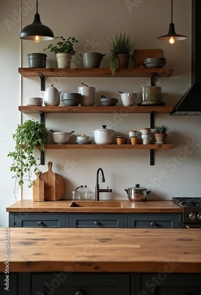 Fototapeta Rustic Wooden Kitchen Counter with Modern Shelves and Kitchenware