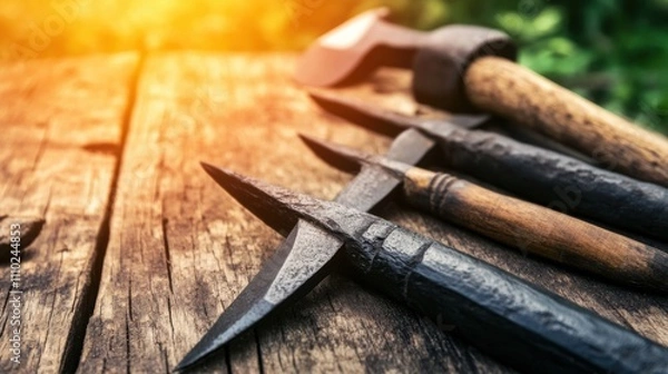 Obraz Close-up of ancient stone tools, sharp flint knives, and polished axes on a weathered wooden surface, symbolizing prehistoric craftsmanship and the dawn of human ingenuity