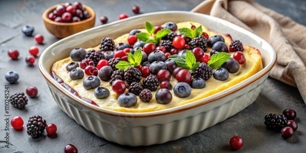 Fototapeta A freshly baked custard topped with blueberries, blackberries, cranberries, and a sprig of mint, ready for serving