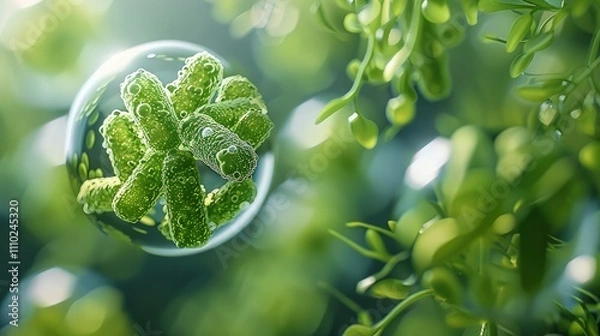 Fototapeta Green probiotics wrapped in a transparent ball, suspended in the air, laboratory background.