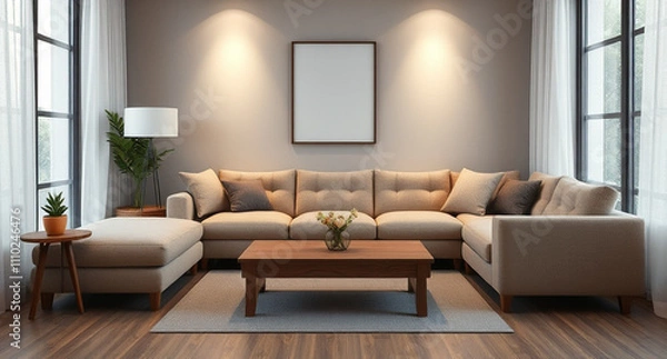 Fototapeta interior with sofa and wooden coffee table - 3d rendered illustration