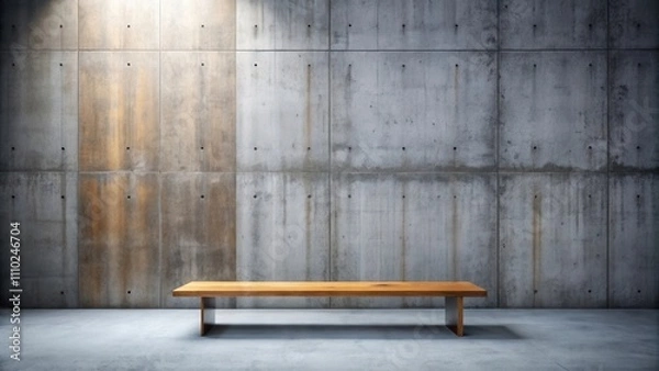 Fototapeta A simple wooden bench sits in front of a concrete wall, illuminated by a single ray of light