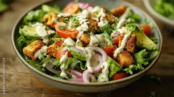 Fototapeta A healthy vegan salad on a rustic wooden table, featuring ingredients like avocado, tomatoes, red onions, and a tahini dressing 