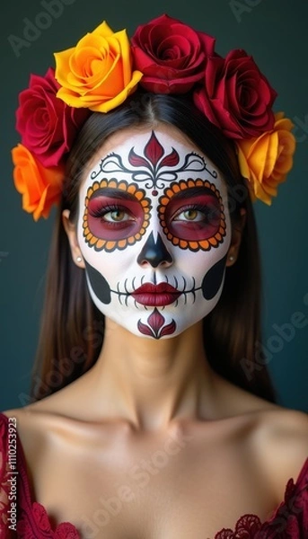 Obraz Floral Crown and Day of the Dead Makeup on Model Celebrating Dia de los Muertos.