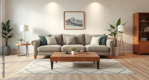 Obraz interior with sofa and wooden coffee table - 3d rendered illustration