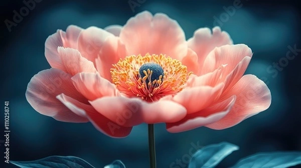 Fototapeta Vibrant Peony Flower in Soft Focus Capturing Detailed Petal Structure Stigmas Anthers and Filaments in a Lush Garden Setting