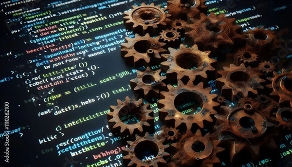 Obraz Rusty gears on code symbolize outdated programming languages plagued with bugs.