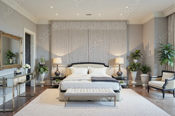 Fototapeta A modern bedroom with gray walls and velvety cream carpets - Generative AI