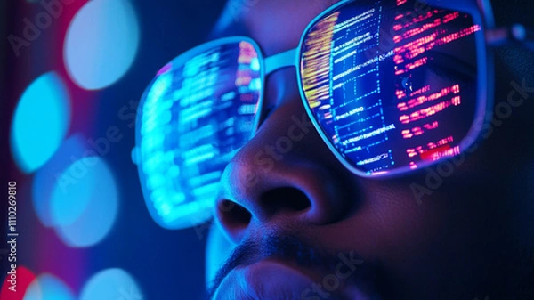 Fototapeta Close up of man face wearing futuristic VR glasses reflecting code