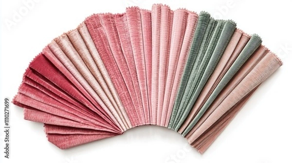 Fototapeta Velvet fabric samples in a fan arrangement showcasing various shades on a clean white background for design inspiration.