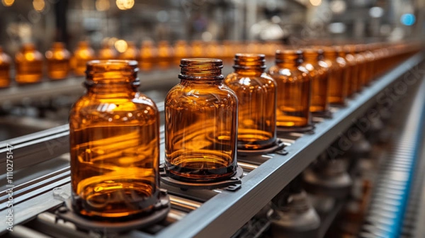 Obraz  row of empty amber glass bottles arranged on an assembly line symbolizing the concept of mass production, industrial work, and the potential for transformation or repurposing in a creative setting