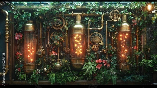 Fototapeta Exploring a steampunk botanical laboratory filled with brass and vibrant flora