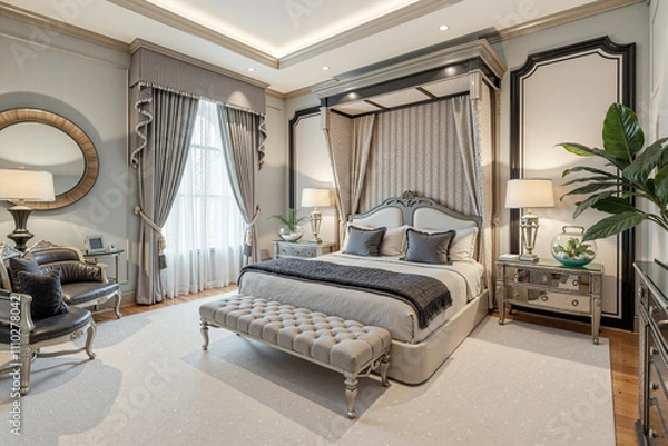 Fototapeta A modern bedroom with gray walls and velvety cream carpets - Generative AI