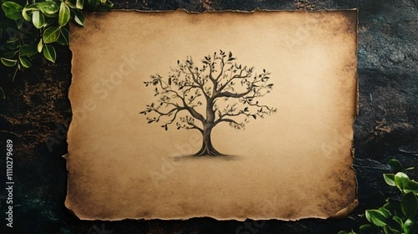 Fototapeta Empty family tree on aged parchment ready for ancestral exploration and lineage documentation