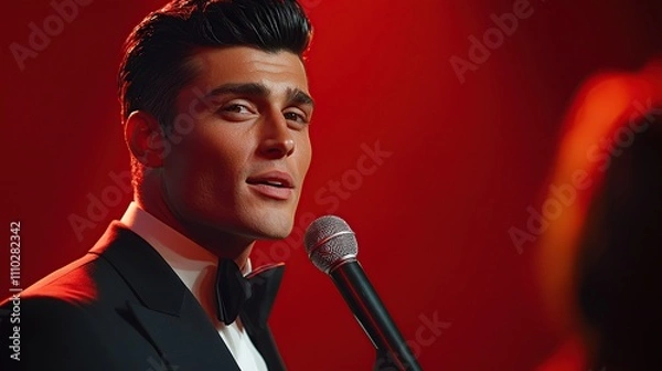 Fototapeta A man in a tuxedo sings into a microphone on stage, illuminated by red lights.