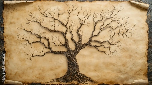 Fototapeta Family tree outline on aged parchment showcasing empty branches for genealogy research