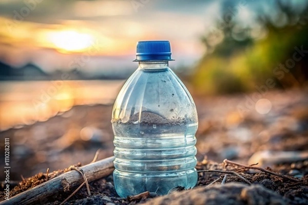 Obraz Cropped Photo of a Used Waste Plastic Water Bottle and Cap Highlighting Environmental Issues and Plastic Pollution in a Minimalist Style
