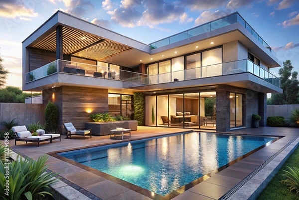 Obraz Luxurious modern house with infinity pool at twilight.