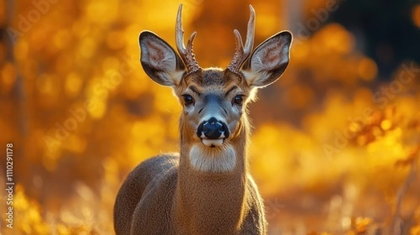 Fototapeta Curious Mule Deer Buck in Autumnal River Valley with Warm Golden Foliage and Soft Focus Background