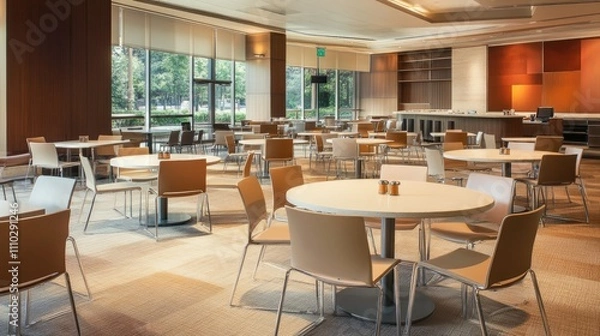Fototapeta Open-plan meeting area with modular beige stone-finish tables, adjustable chairs, and a contemporary, airy ambiance