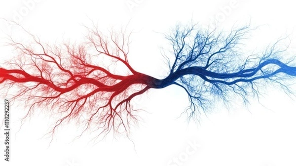 Fototapeta Minimal circulatory system diagram, red and blue tones representing arteries and veins, isolated on white