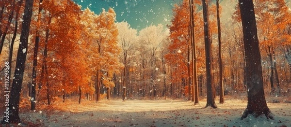 Fototapeta Autumn trees adorned with vibrant colors under a soft snow blanket creating a serene winter landscape with atmospheric grain and vignetting effects