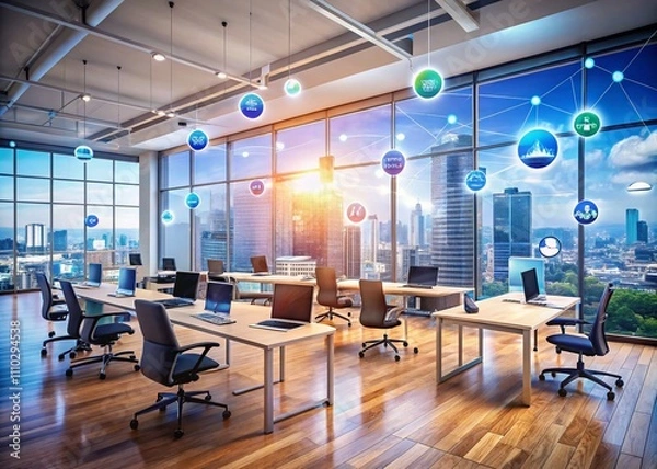 Fototapeta Digital Email Communication in a Modern Business Environment with Floating Icons Showcasing Technology and Innovation in a Panoramic View of Office Dynamics