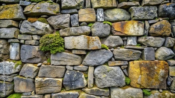 Fototapeta A weathered stone wall, built with irregularly shaped stones, showcasing the effects of time and nature, with moss and lichen adding a touch of green and yellow to the gray stone.