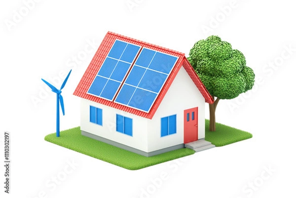 Fototapeta A modern house featuring solar panels, a wind turbine, and a lush tree, emphasizing sustainable living and renewable energy.