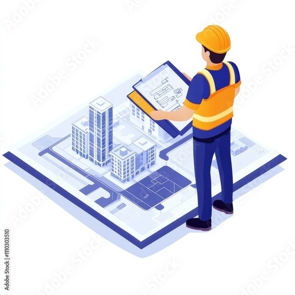Obraz Engineer reviewing building blueprints.