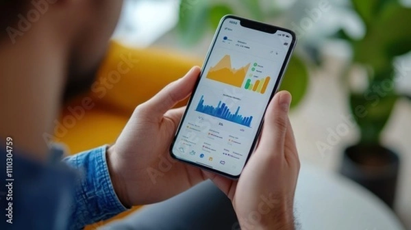 Obraz Person using a smartphone with data visualization and graphs