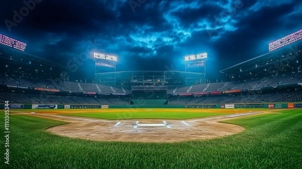 Fototapeta Baseball stadium night filled rows empty seats sky illuminated
