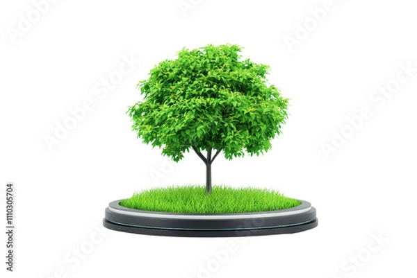 Fototapeta A lush green tree with a vibrant canopy, rooted in a circular base of grass, showcasing its natural beauty.