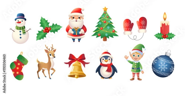 Fototapeta A set of Christmas illustrations. Suitable for winter and New Year themes. Santa Claus; deer; penguin; snowman; candle; sock; holly; Christmas tree; bell; mittens; Christmas ball.