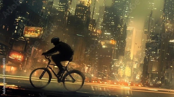 Fototapeta Cyclist Rides Through Futuristic Cityscape at Night