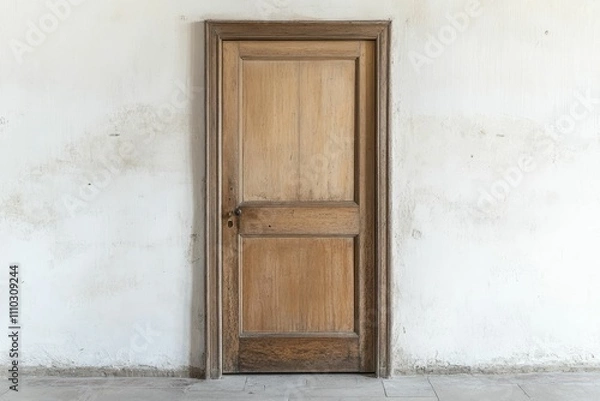 Fototapeta Aged wooden door in weathered white wall.