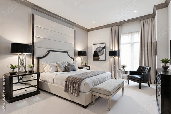 Fototapeta A modern bedroom with gray walls and velvety cream carpets - Generative AI